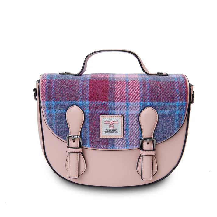 Islander Harris Tweed Medium Cobble Satchel 'Pink and Blue Tartan'