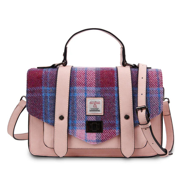 Islander Harris Tweed Large Satchel 'Pink and Blue Tartan'