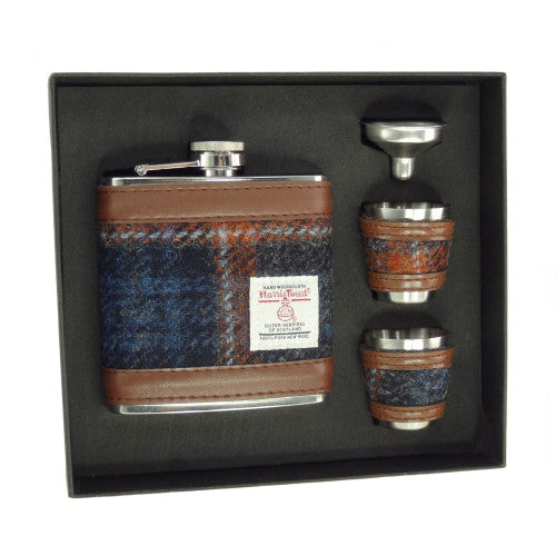 Harris Tweed Hip Flask Gift Set- Grey with Rust Overcheck