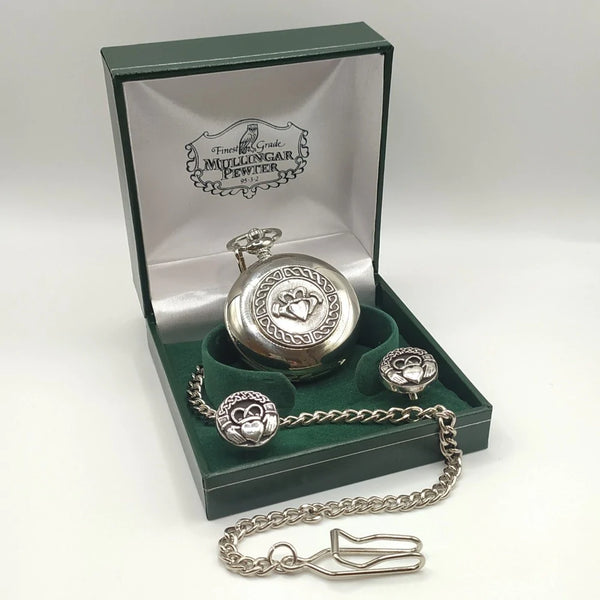 Gents Pewter Quartz Pocket Watch & Cufflinks set - Claddagh