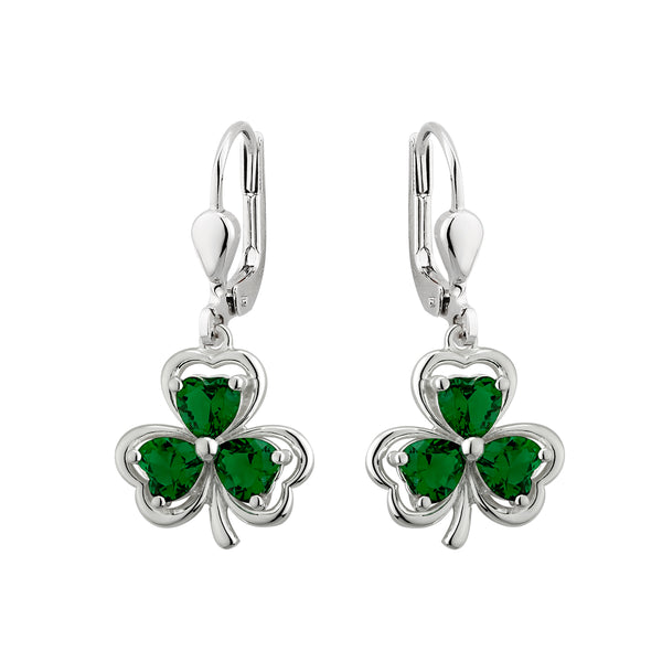 Sterling Silver Green Crystal Shamrock Drop Earrings