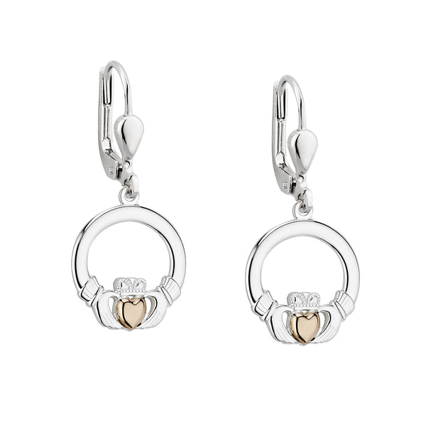 10K Gold and Sterling Silver Claddagh Drop Earrings